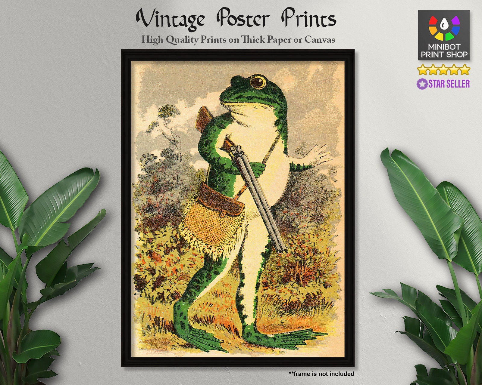 Frog Walking With a Shotgun in the Moonlight,vintage Frog Poster