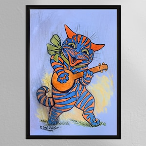 Louis Wain - Cat Playing Guitar , Classic Art Print