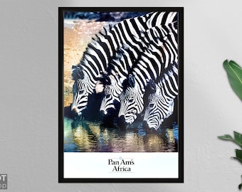 Pan Am's Africa (Zebra Drinking Water)- Travel Poster on Paper or Canvas - Wall Art