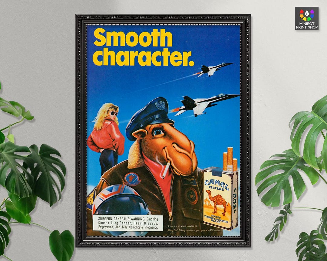 Camel Cigarette Advert - Smooth Character - Joe Camel Fighter Pilot - 1990  Vintage Advertising Poster - Art Print - Wall Decor