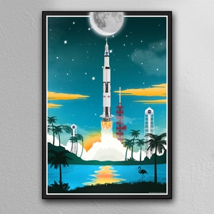 Space Poster, NASA Space Shuttle Saturn V, Spaceship Launch, SpaceX, Kennedy Space Center, Florida, Print on Canvas or Art Paper
