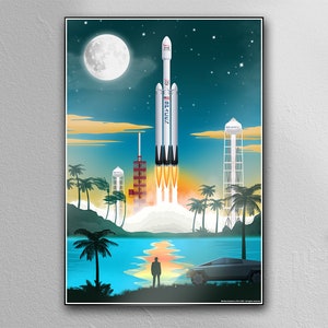 SpaceX Falcon Heavy Launch, Space Poster, SpaceX Fan Art,Space Mission, Planets, Elon Musk, Mars, Exploration, Wall Art