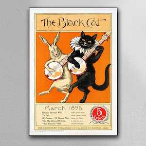 Black Cat & Rabbit - Vintage Art Poster - Print