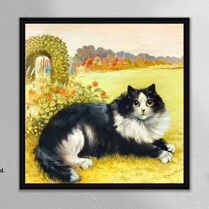 Louis Wain, Cat Poster Print, Classic Art, Black and White Cat Sitting in the Garden, Wall Art, Wall Decor, Wall Hangings, Home decor