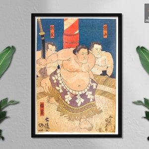 Sumo prints by Utagawa Kunisada, Japanese Woodblock Print Art, Ancient Japanese Art, Three Sumos Portraited, Wall Art, Wall Decor, Canvas