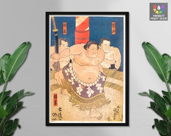 Sumo prints by Utagawa Kunisada, Japanese Woodblock Print Art, Ancient Japanese Art, Three Sumos Portraited, Wall Art, Wall Decor, Canvas
