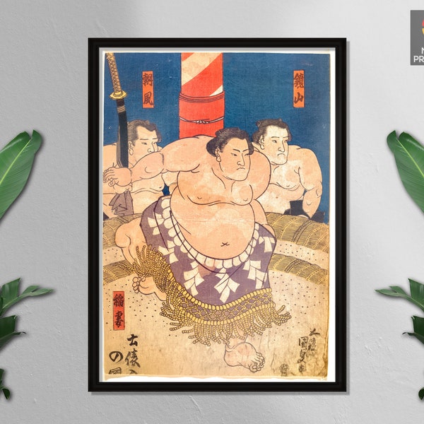 Sumo prints by Utagawa Kunisada, Japanese Woodblock Print Art, Ancient Japanese Art, Three Sumos Portraited, Wall Art, Wall Decor, Canvas