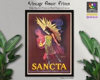 May include: Vintage poster print advertising Sancta Liqueur Merveilleuse de l'Abbaye de Faverney. The poster features a woman in a flowing purple and gold dress holding a bottle of liqueur. The background is a dark red.