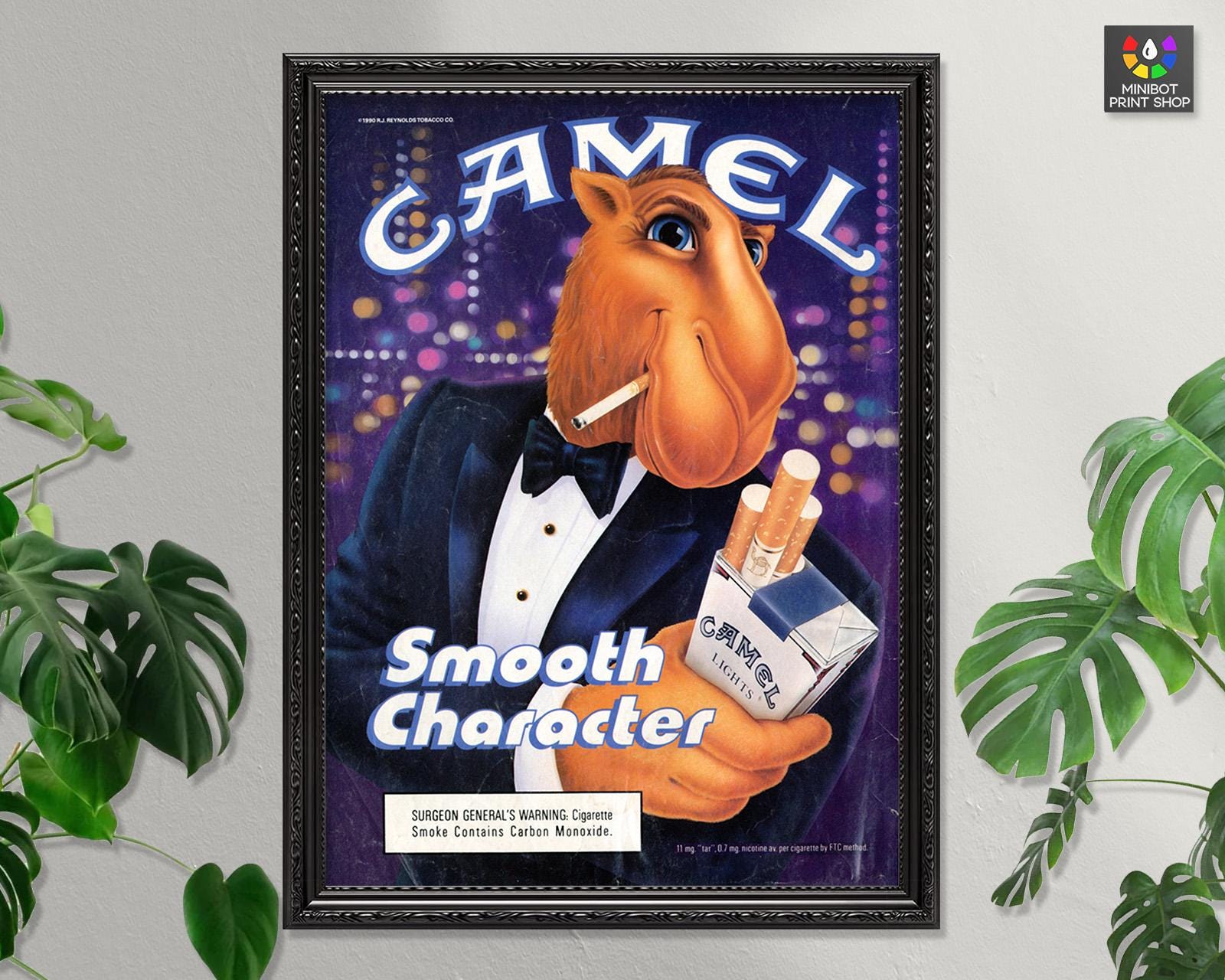 Camel Cigarette Advert - Smooth Character - Joe Camel Holding Cigarettes -  1990 Vintage Advertising Poster - Art Print - Wall Decor