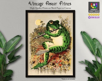 Vintage Frosch spielt Flöte Poster: Retro Wand Kunst Druck