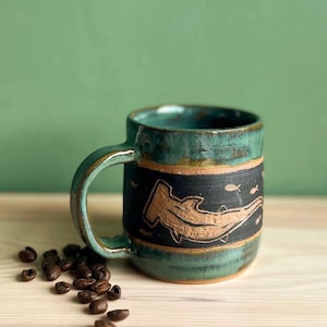 Handmade Shark Mug, Stoneware Pottery Coffee Cup, Ocean Lover Gift, Sgraffito Ceramic Mug, Coastal Beach Mug, Unique Handmade Pottery