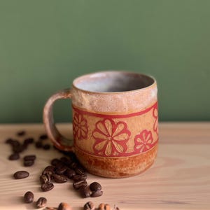 Handmade Flower Mug, Stoneware Pottery Coffee Cup, Nature Lover Gift, Sgraffito Ceramic Mug, Floral Mug, Unique Handmade Pottery