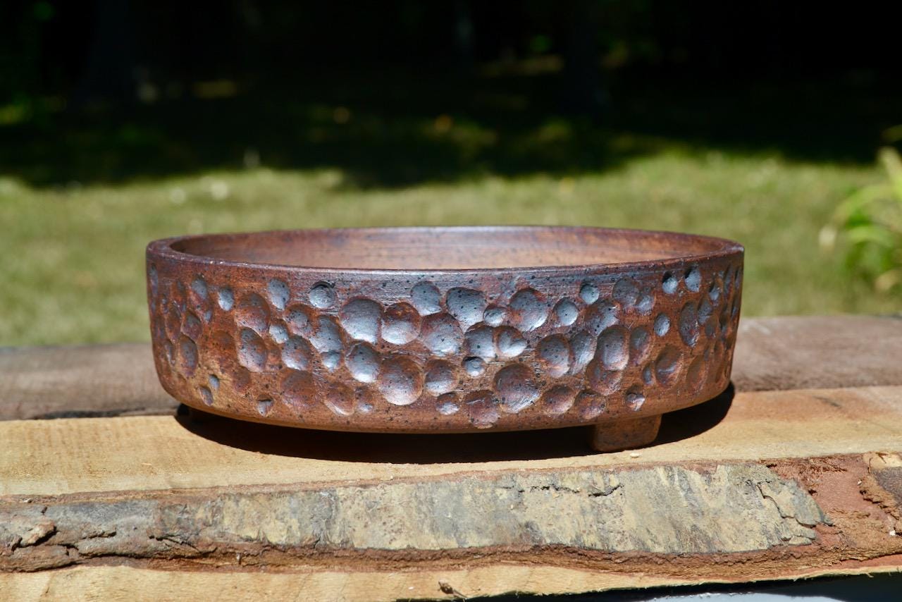 Round Unglazed Bonsai Pot, 7 inch with moon crater texture