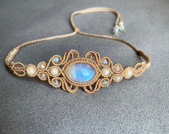 Moonstone Macrame Choker Necklace, Adjustable Boho Jewelry