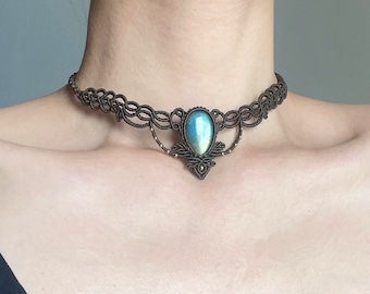 Labradorite Macrame Choker Necklace, Adjustable Crystal Jewelry