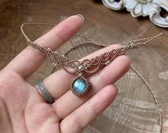 Labradoriet macramé choker, verstelbare kristallen ketting