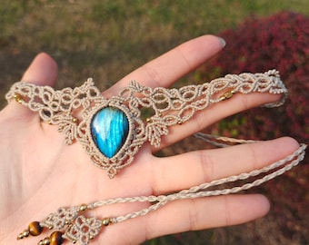Labradorite Macrame Choker Necklace, Rainbow Crystal Jewelry