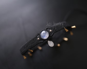 Mondstein Makramee Choker, verstellbare Edelstein Halskette
