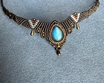 Macrame Labradorite Choker, Adjustable Gemstone Necklace