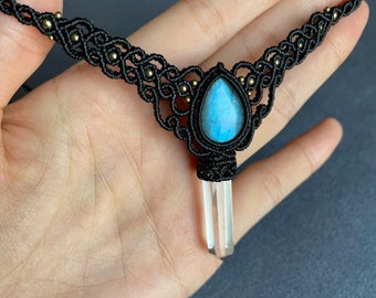 Labradorite Macrame Choker Necklace, Adjustable Crystal Jewelry
