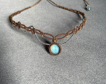 Mondstein Makramee Choker Halskette, verstellbarer Boho Schmuck