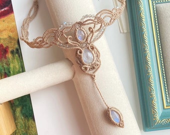 Mondstein Makramee Choker, verstellbare Edelstein Halskette