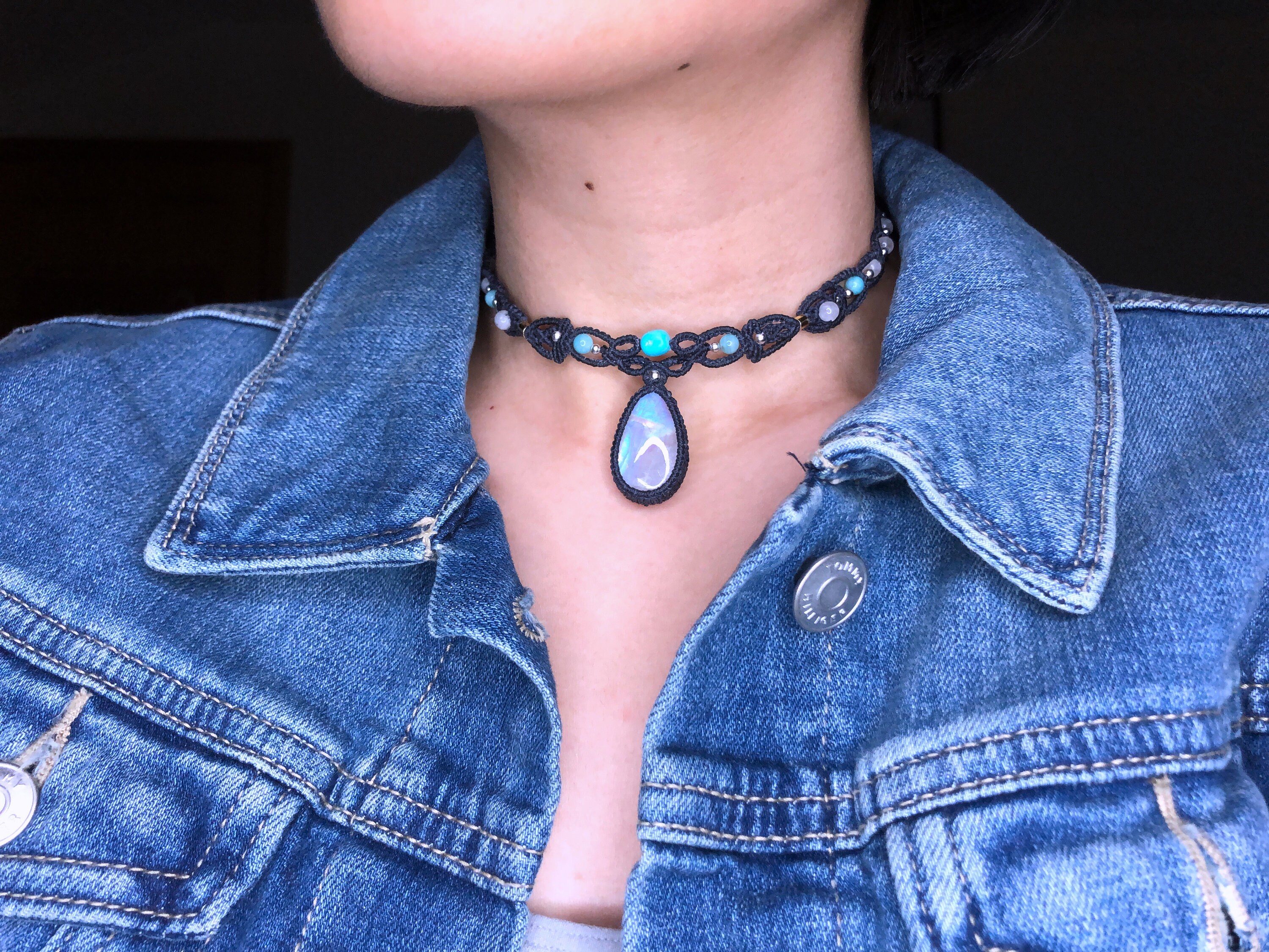 N29macrame Choker With Moonstone Waxed Cord Macrame Etsy
