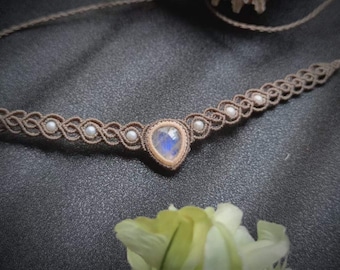 Mondstein Makramee Choker, Perlen Akzent, Länge verstellbar