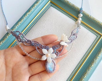 butterfly macrame choker, moonstone macrame necklace, moonstone macrame choker, butterfly necklace jewelry, moonstone jewelry