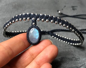 Makramee Mondstein Choker, verstellbare Kristallhalskette, Juni Geburtsstein