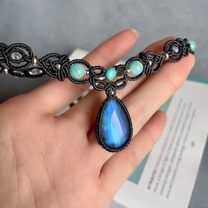 Labradorite choker, Labradorite necklace, Labradorite jewelry, Labradorite macrame necklace , Crystal labradorite jewelry,  Labradorite gift