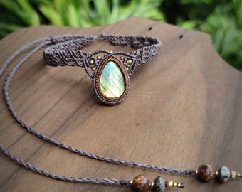 Gargantilla de macramé con labradorita, collar ajustable de curación con cristales