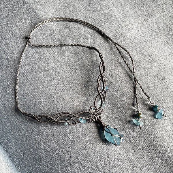 Aquamarine Macrame Choker, Boho Crystal Necklace, Calm Energy Jewelry