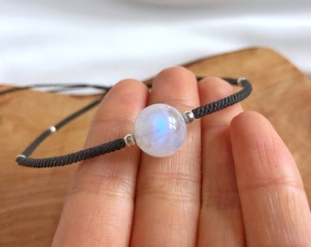 Makramee Mondstein Choker, verstellbare Silber Bead Halskette