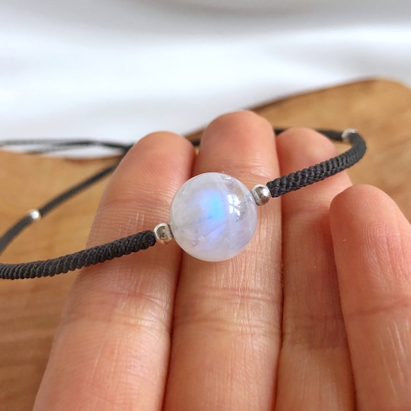 Macrame Moonstone Choker, Adjustable Silver Bead Necklace