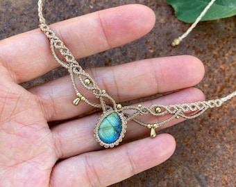 Makramee Labradorit Choker Halskette, verstellbare Silber Perle Schmuck