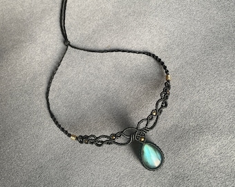 Labradorite Macrame Choker, Adjustable Gemstone Necklace