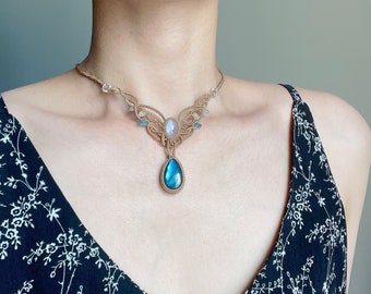 Labradorite healing crystal choker, moonstone necklace jewelry, Labradorite macrame necklace ,healing Crystal labradorite gift, wedding gift