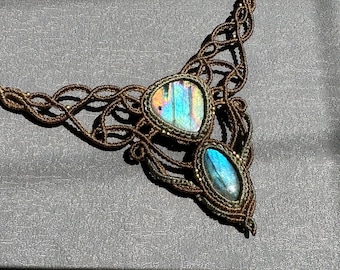 Labradorite Macrame Choker Necklace, Adjustable Crystal Jewelry