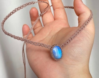 Labradorite Macrame Choker Necklace, Adjustable Length