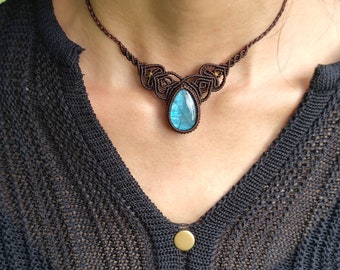 Gargantilla de macramé con labradorita, joyería de cristal ajustable