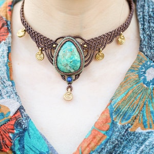 Chrysocolla necklace, Chrysocolla necklace choker, Chrysocolla macrame necklace, Chrysocolla necklace jewelry, Chrysocolla handmade necklace