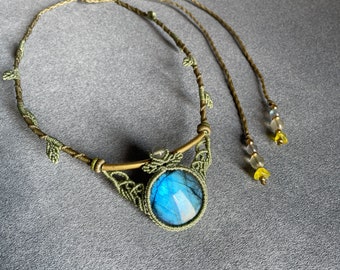 Gargantilla de macramé con labradorita, joyería de cristal ajustable