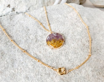 Amethyst and yellow flower necklace on satellite chain