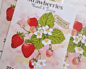 Stampa artistica di un pacchetto di semi di fragola – A5 / Decorazione murale ispirata alla natura illustrata a mano
