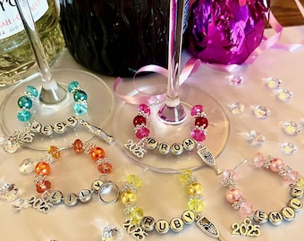 Personalised Prom 2026 Wine Glass Charm. Beads to match dress.Hen Party.Girls night out. Leavers party Favors. Wedding Table Name setting