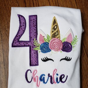 Unicorn Head Birthday Top, Sparkling Unicorn Birthday Top, Embroidered Unicorn Birthday Top