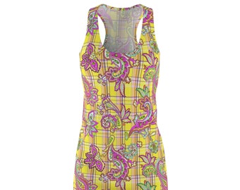 Yellow Paisley And Plaid Women's Racerback Dress