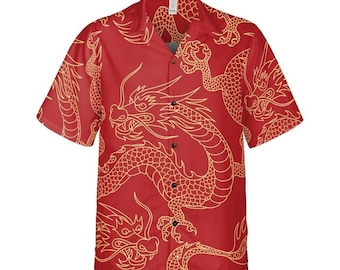 Vintage 90s Y2K Men's H-FIVE-O Red Dragon Print Button Down