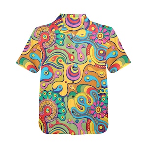 May include: A short-sleeved button-down shirt with a vibrant, psychedelic pattern. The shirt features a kaleidoscope of colors, including yellow, red, blue, green, and orange, in a swirling, abstract design. The shirt has a classic collar and button closure.